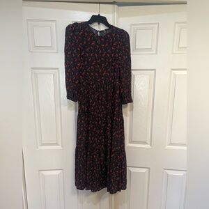 ZARA Black Red Floral Ditsy Spotty Tiered Smock Midi Angel Dress Coconut Girl XS